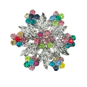 Betsey Johnson Multicolor Crystal Snowflake Floral Brooch Silver Tone